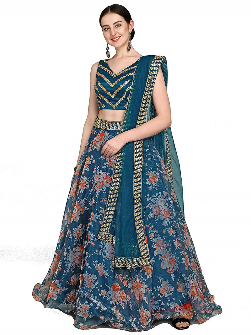 Present Women's Organza Printed & Jari Sequence Work Semi-Stitched Lehenga Choli 